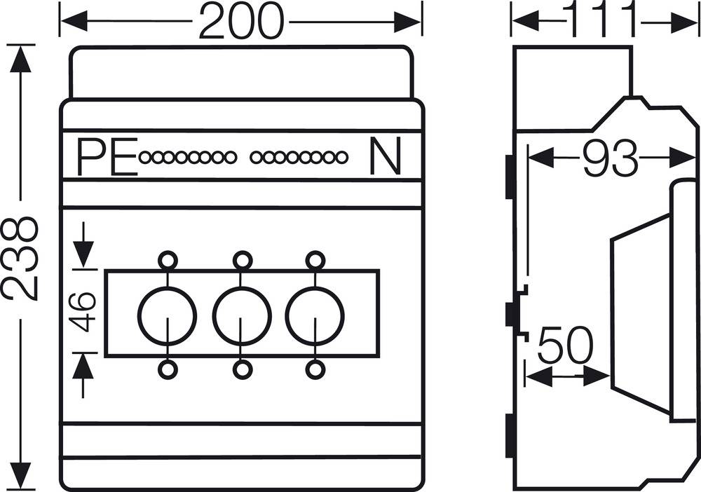 Čelní pohled a boční pohled elektrického rozvaděče s rozměry, označený štítky 'PE' a 'N'. Šířka 200 mm, výška 238 mm, hloubka 111 mm.