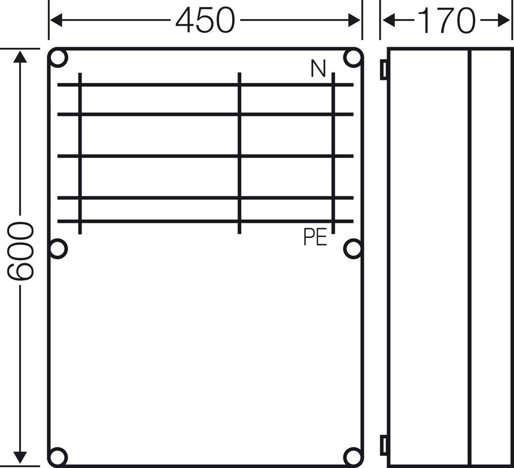 Schéma zapojení obdélníkového elektronického krytu o rozměrech 450x600x170 mm s přípojkami N a PE na horní straně.