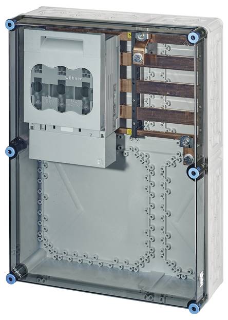 Elektrický rozvaděč s průhledným krytem, uvnitř tři velké spínače a viditelné měděné vodiče.