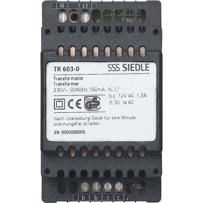 'Siedle TR 603-0 Transformátor, vstup 230V~, výstup 12V DC, 100mA, pro min. 30s až max. 40s spínání. Sériové číslo: 0000000005.'