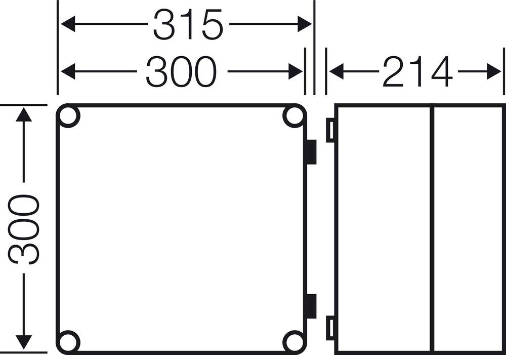 Technický výkres čtvercového zařízení s rozměry: 315 mm šířka, 300 mm výška a 214 mm hloubka.