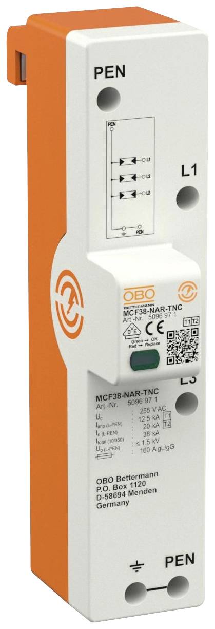 Elektrické zařízení pro ochranu před přepětím v obdélníkovém tvaru, s připojovacími svorkami PEN, L1, L2, L3 a typovým označením 'MCF38-NAR-TNC'.