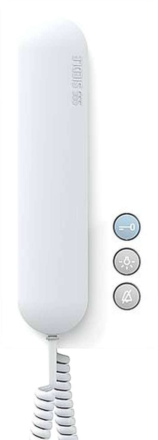 Bílý nástěnný telefon se sluchátkem vlevo, vedle něj tři kulaté tlačítka. Horní tlačítko je modré s ikonou reproduktoru.