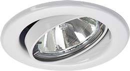 Bílý, kulatý LED reflektor, mírně nakloněný dolů, vhodný pro vnitřní osvětlení.