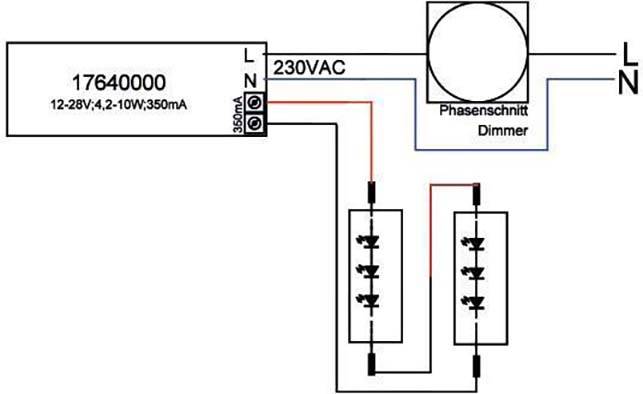 Schéma zapojení stmívače s řízením fáze ukazuje propojení napájecího zdroje (17640000, 12-28V, 4.2-10W, 350mA) se stmívací jednotkou (230VAC).