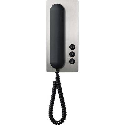 Jednoduché černostříbrné nástěnné telefon se sluchátkem, spirálovým kabelem a třemi tlačítky, včetně jednoho s přeškrtnutým symbolem reproduktoru.