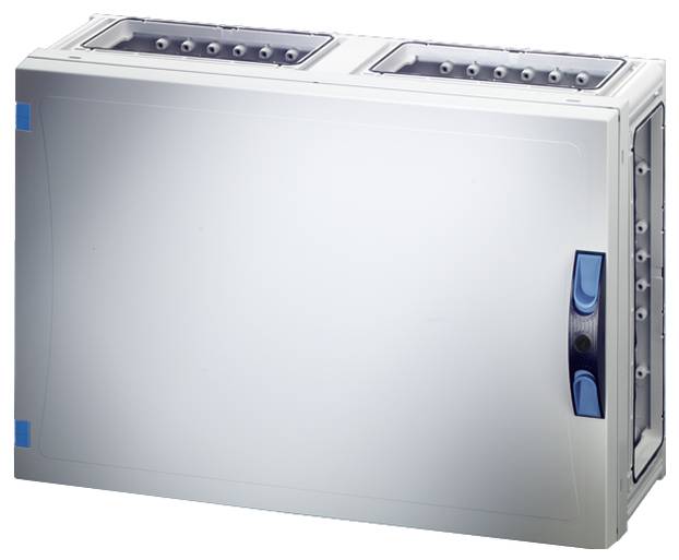 Obdélníkové stříbrné zařízení s modrými akcenty a několika větracími otvory, pravděpodobně součást ventilačního systému.