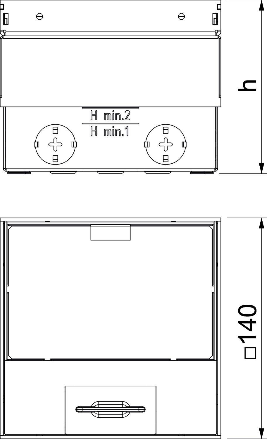 Technický výkres obdélníkového zařízení se dvěma kulatými přípojkami, označené 'H min. 2' a 'H min. 1', výška 140 mm.