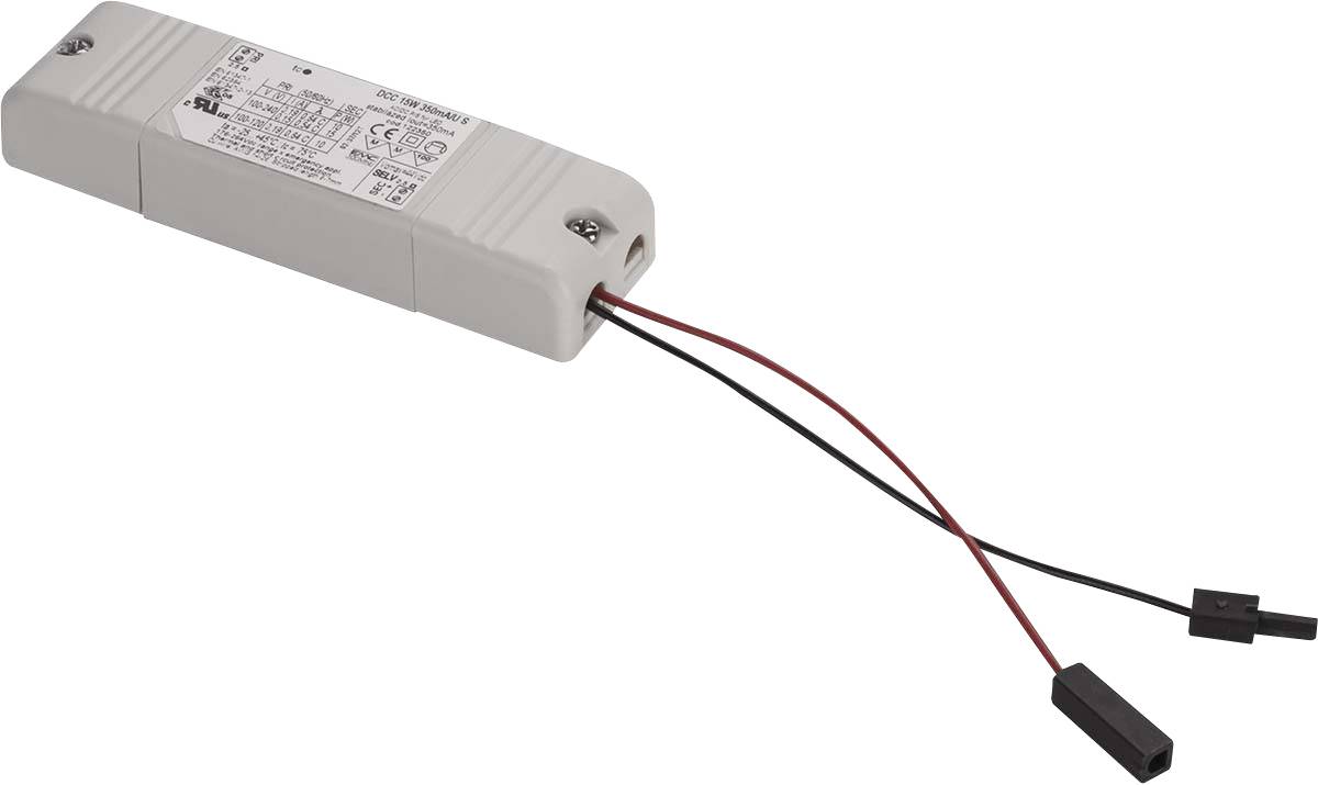 Elektronický LED driver v obdélníkovém pouzdře s červenými a černými připojovacími kabely. Technické specifikace vytištěny.