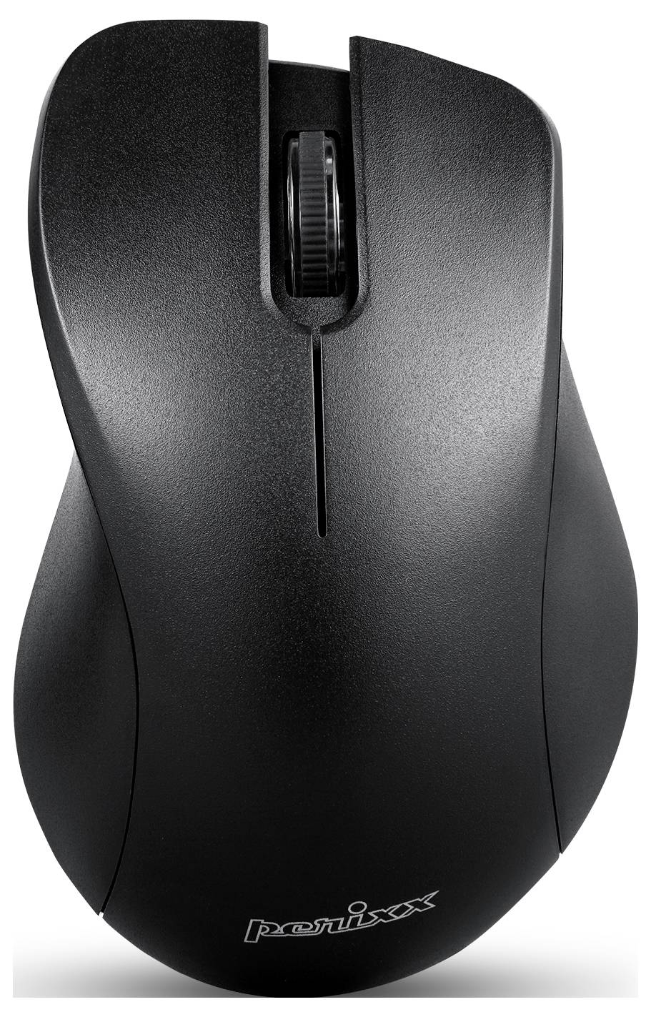 Černá bezdrátová počítačová myš s ergonomickým designem, centrálním kolečkem pro posun a nápisem 'perixx' na spodní straně.