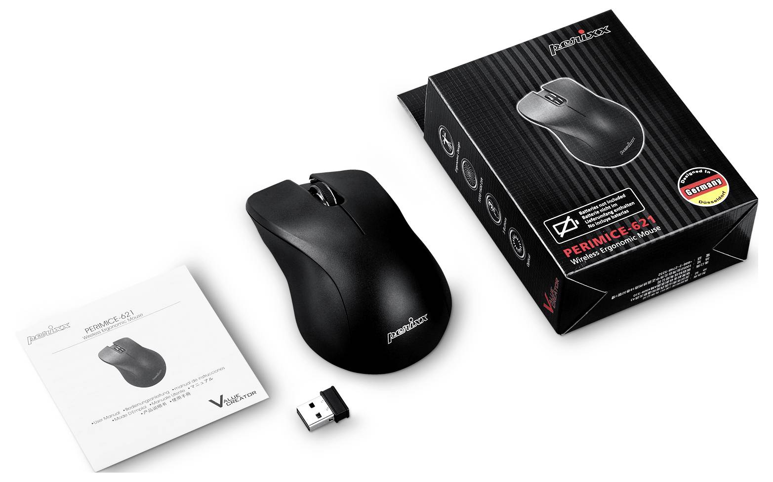 Bezdrátová počítačová myš s návodem k obsluze a USB přijímačem vedle obalu produktu na stole.