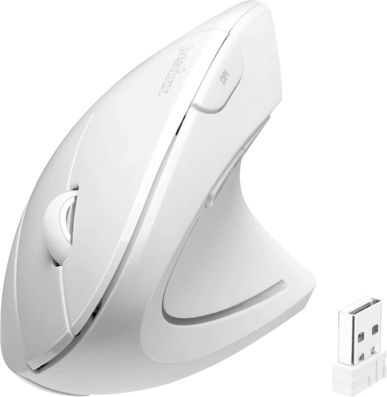 Vertikální ergonomická myš v bílé barvě s USB přijímačem, která zajišťuje přirozenou polohu ruky a snižuje namáhání při posouvání a klikání.