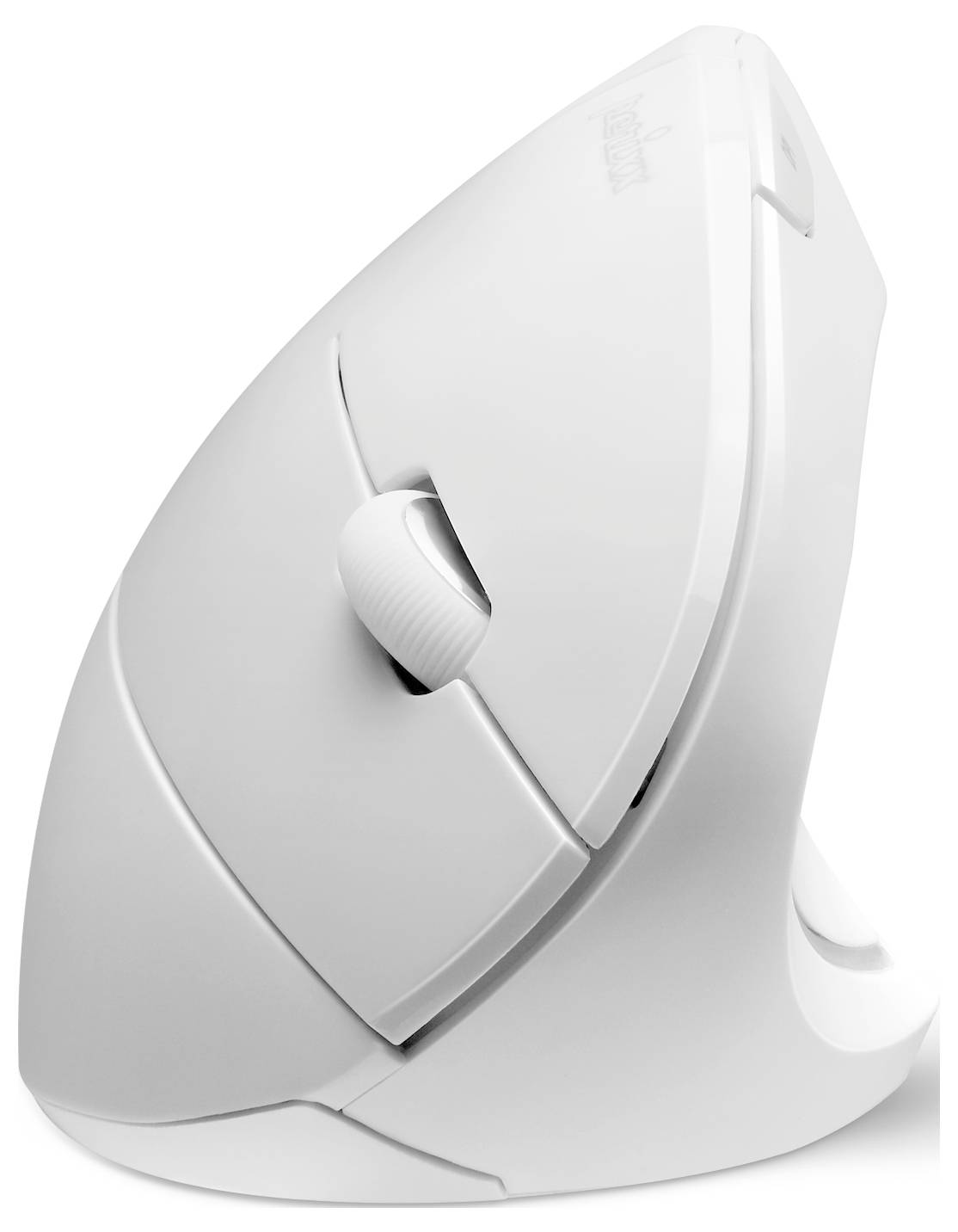 Bílá ergonomická myš s vertikálním designem, vhodná pro pohodlnou práci a snížení zátěže zápěstí.