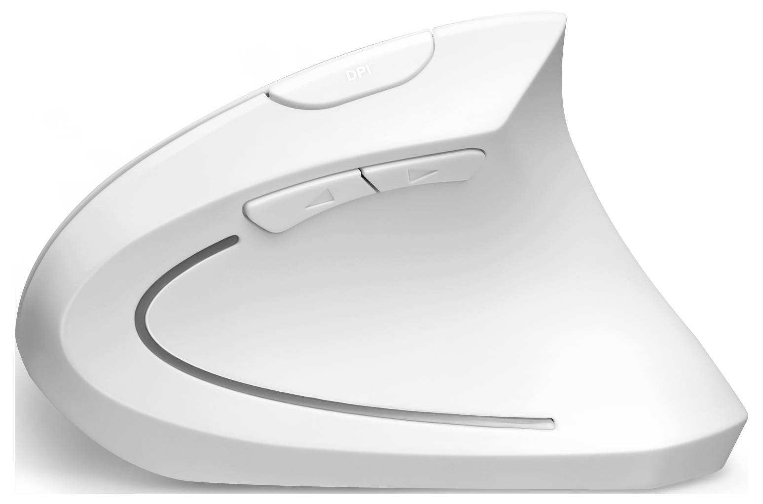 Ergonomická vertikální myš se dvěma tlačítky pro palec a přepínačem DPI nahoře.