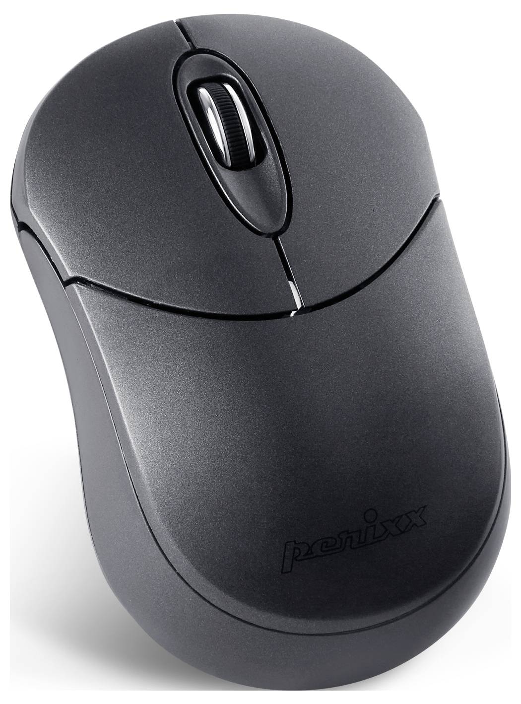 Bezdrátová černá počítačová myš s kolečkem pro posun a ergonomickým designem. Vhodná pro použití na pracovním stole.