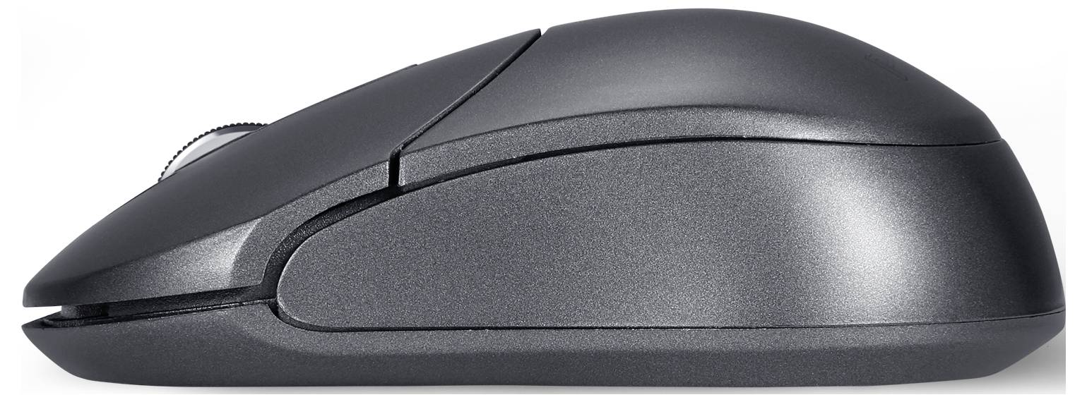 Bezdrátová počítačová myš z bočního pohledu, ergonomicky tvarovaná, v tmavém barevném odstínu. Má kolečko pro posun a dvě tlačítka.