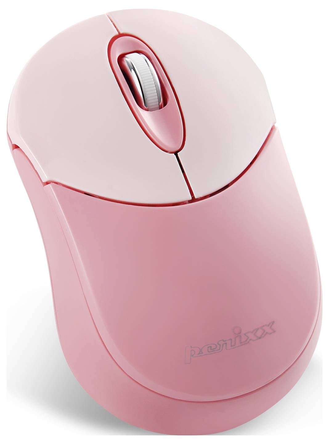 Růžová počítačová myš s rolovacím kolečkem, vhodná pro ergonomické použití. Tato myš je navržena bez kabelu.