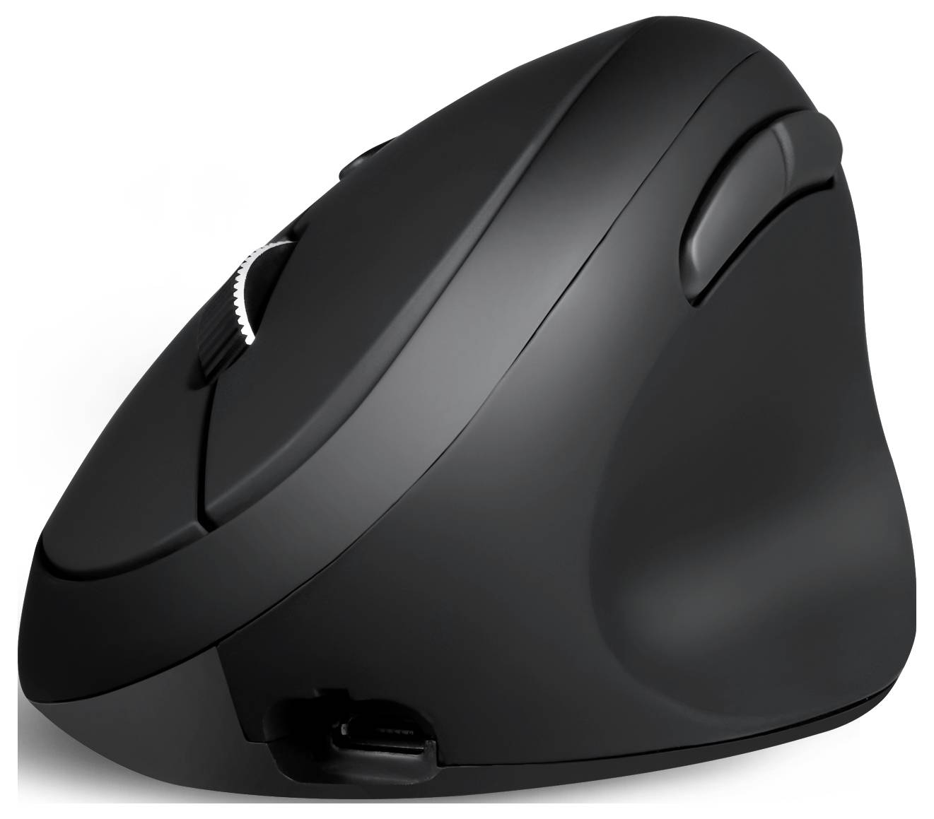 Ergonomická vertikální myš v černé barvě, s bočními tlačítky a kolečkem pro posun, navržená ke snížení zátěže zápěstí.