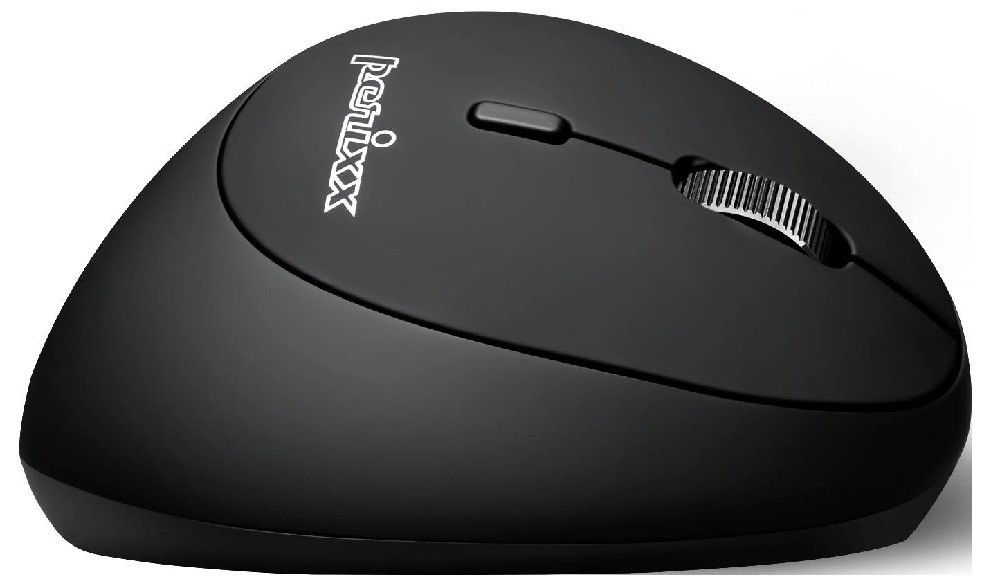Černá ergonomická počítačová myš s kolečkem a dvěma tlačítky, vhodná pro pohodlnou polohu ruky při práci.