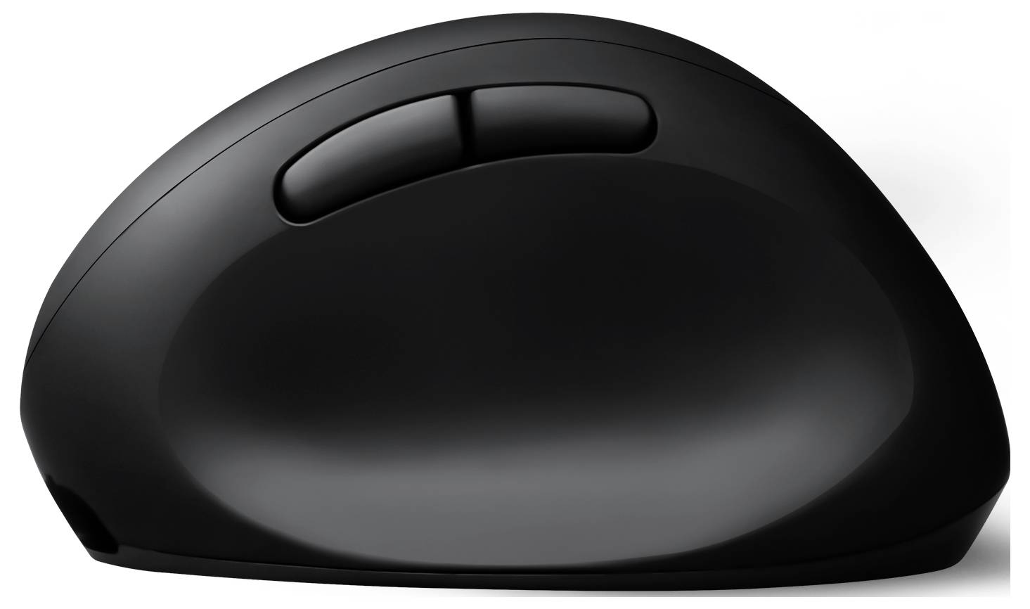 Černá ergonomická počítačová myš s vertikálním designem a dvěma velkými tlačítky, vhodná pro pohodlnou práci na počítači.
