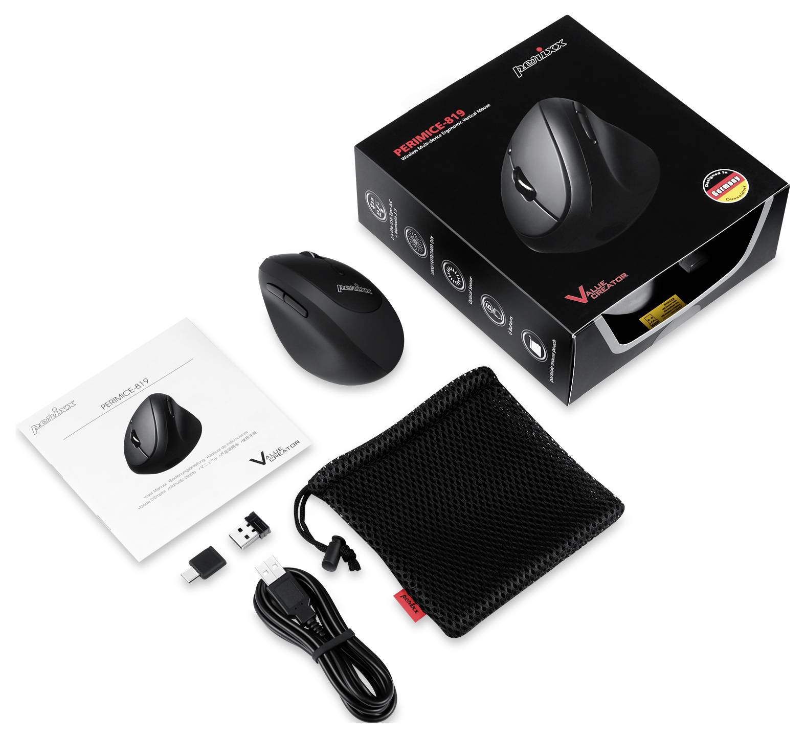 Vertikální bezdrátová ergonomická myš se sadou příslušenství, USB přijímačem, návodem, kabelem a přenosným pouzdrem na bílém pozadí.