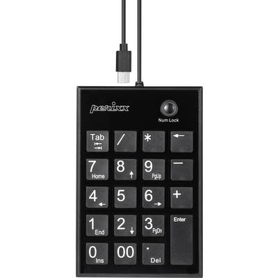 Externí numerická klávesnice s 19 klávesami, včetně kláves Tab, Home, End a Enter. Název značky nahoře, viditelné kabelové připojení.