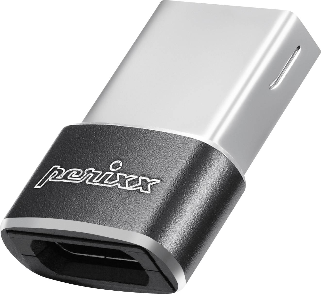 USB-C na Micro-USB adaptér od Perixx. Obdélníkový design s lesklým stříbrným povrchem a černým tělem. Propojuje různé typy konektorů.