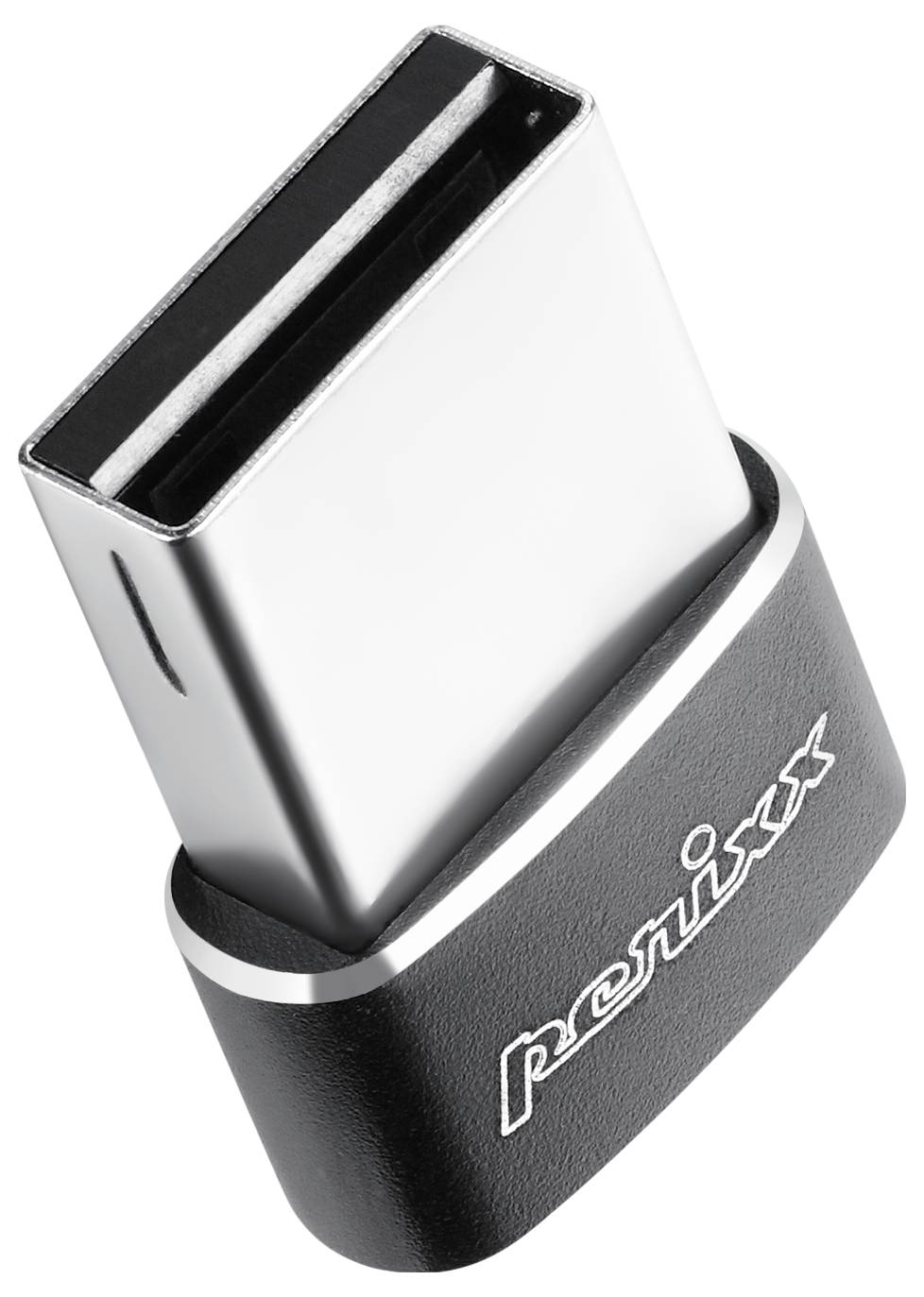 Černý a stříbrný USB adaptér s nápisem 'Perixx'. Slouží k připojení zařízení s různými typy USB konektorů.