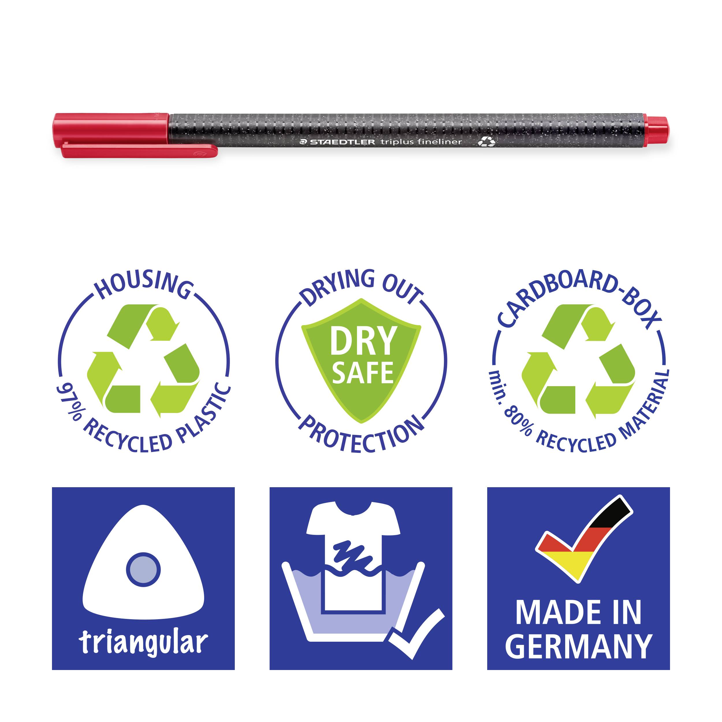 'Staedtler triplus fineliner': Černý liner s červeným hrotem, vyrobený z recyklovaného plastu, vodotěsný, vyrobeno v Německu. Symboly pro podíly recyklace a druhy ochrany.