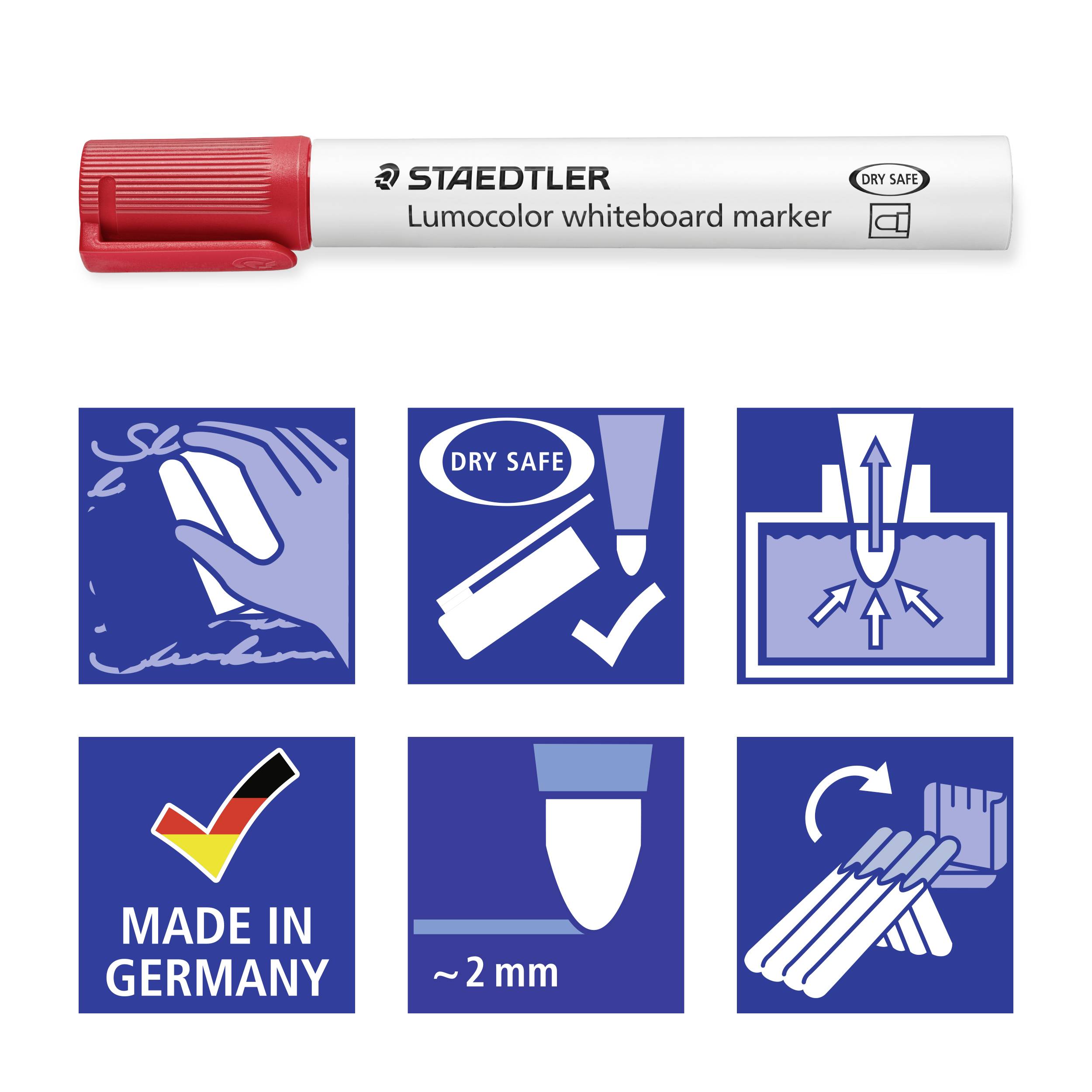 Červený whiteboard fix STAEDTLER Lumocolor s nápisem 'DRY SAFE'. Pod ním piktogramy: bezpečný tok inkoustu, 'Vyrobeno v Německu', měkký kontakt hrotu.