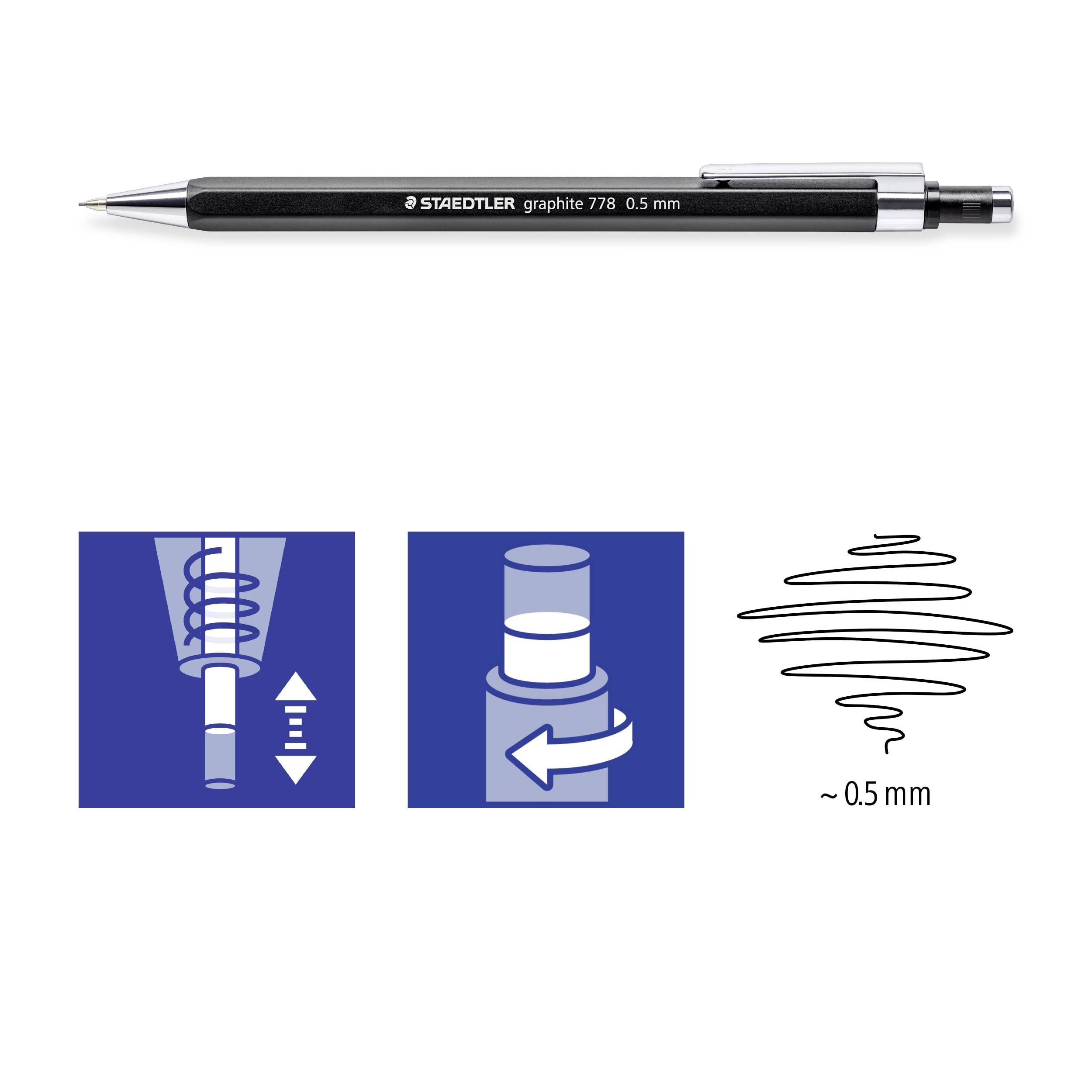 Mechanická tužka 0,5 mm od STAEDTLER. Diagramy ukazují, jak je tuha nastavována stisknutím a otočením.