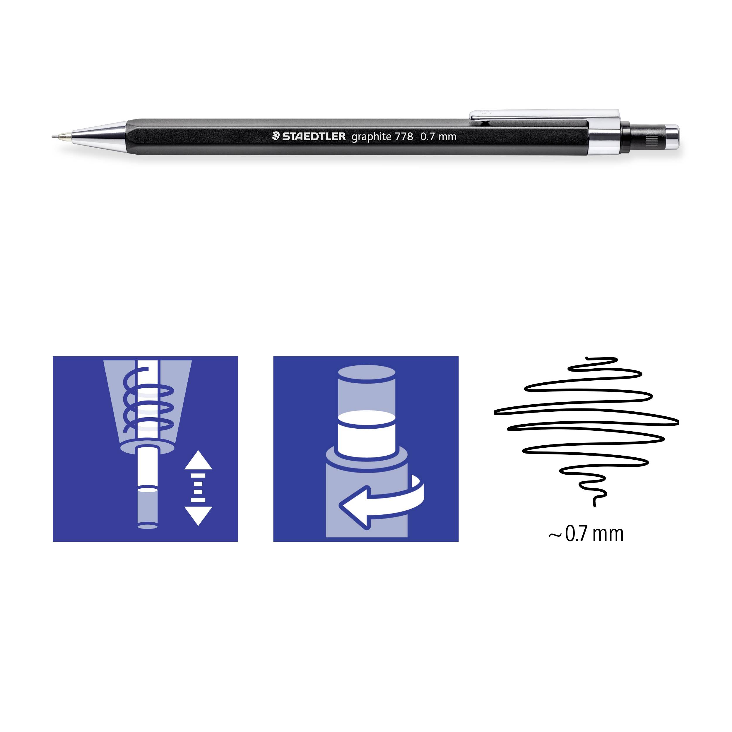 Černá mechanická tužka značky Staedtler s tloušťkou grafitu 0,7 mm, zobrazená spolu se symboly ovládání: stisknutí, otočný mechanismus a tloušťka grafitu.