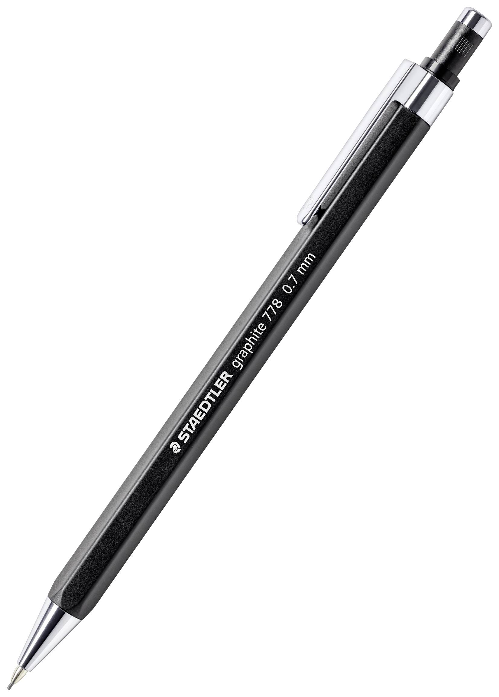 Černá mechanická tužka se stříbrnými akcenty s nápisem 'STAEDTLER graphite 779 0.7 mm'.