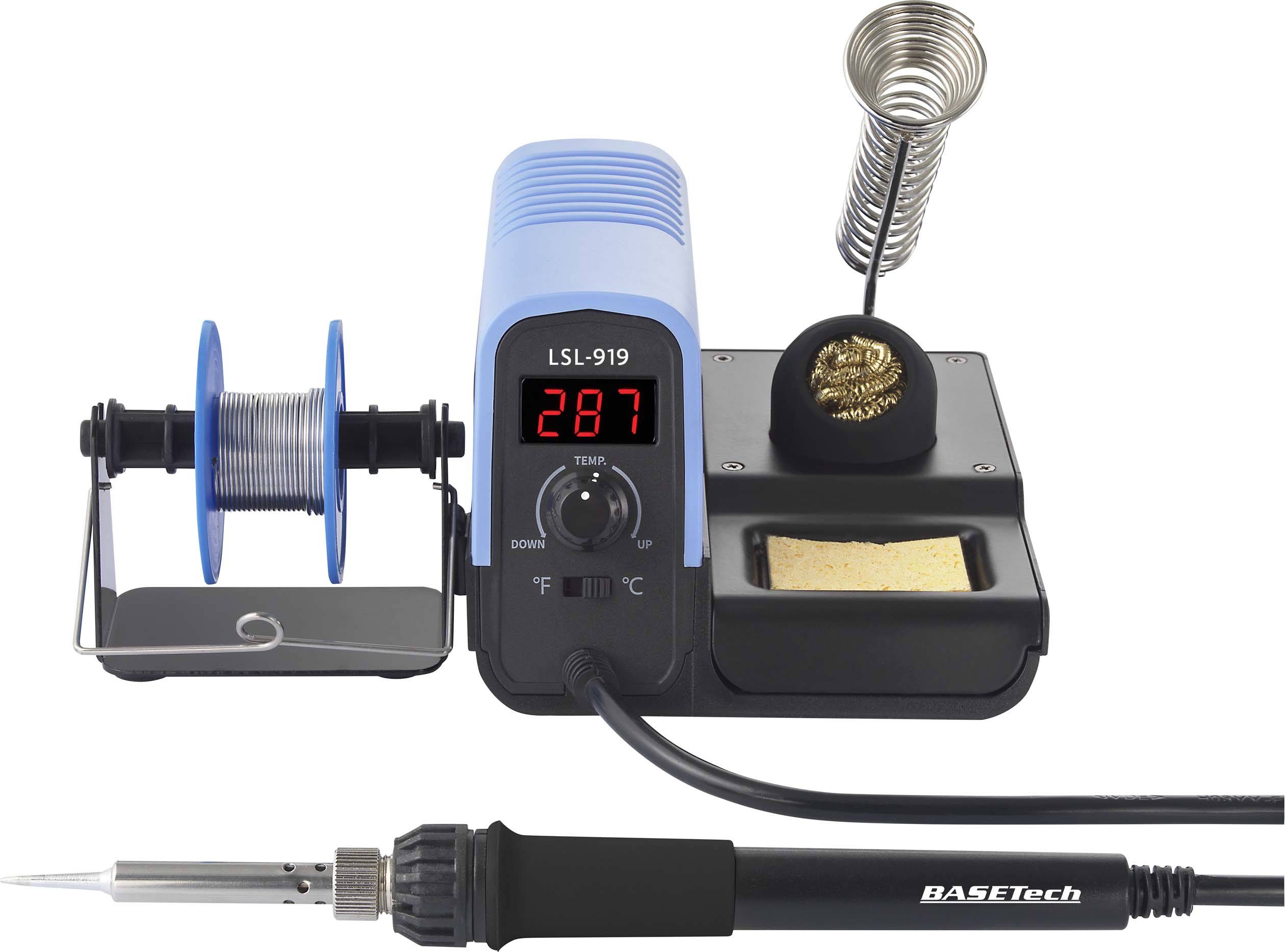 Pájecí stanice s digitálním displejem '287', pájecí cívka na stojanu, pájecí pero s hrotem a houbičkou pro čištění, vhodná pro pájení.