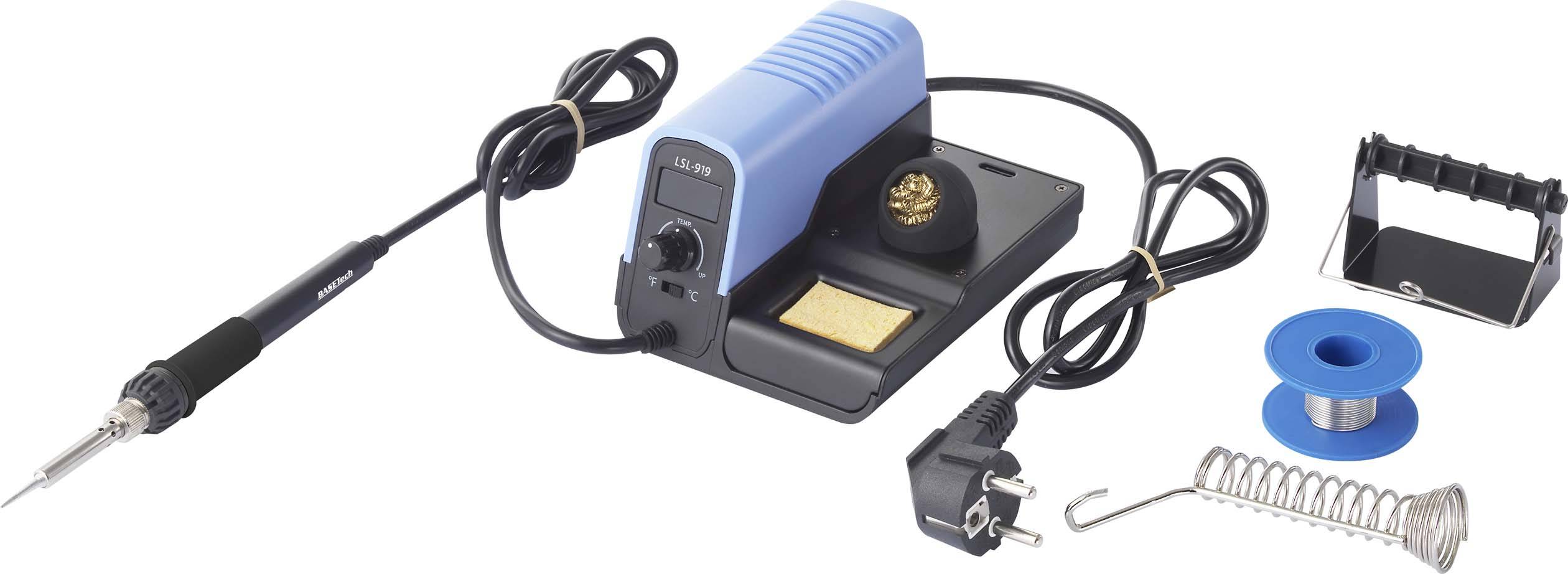 Sada pájecí stanice obsahující pájecí stanici, pájecí pero, kabel, stojan na pájecí drát a držák pájecí houby. Vhodné pro elektronické práce.