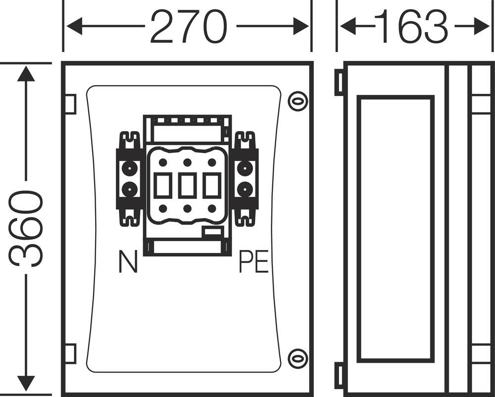 Technický výkres elektrické rozvodné skříně s rozměry: 360 mm vysoká, 270 mm široká, 163 mm hluboká, s přípojkami pro N a PE.