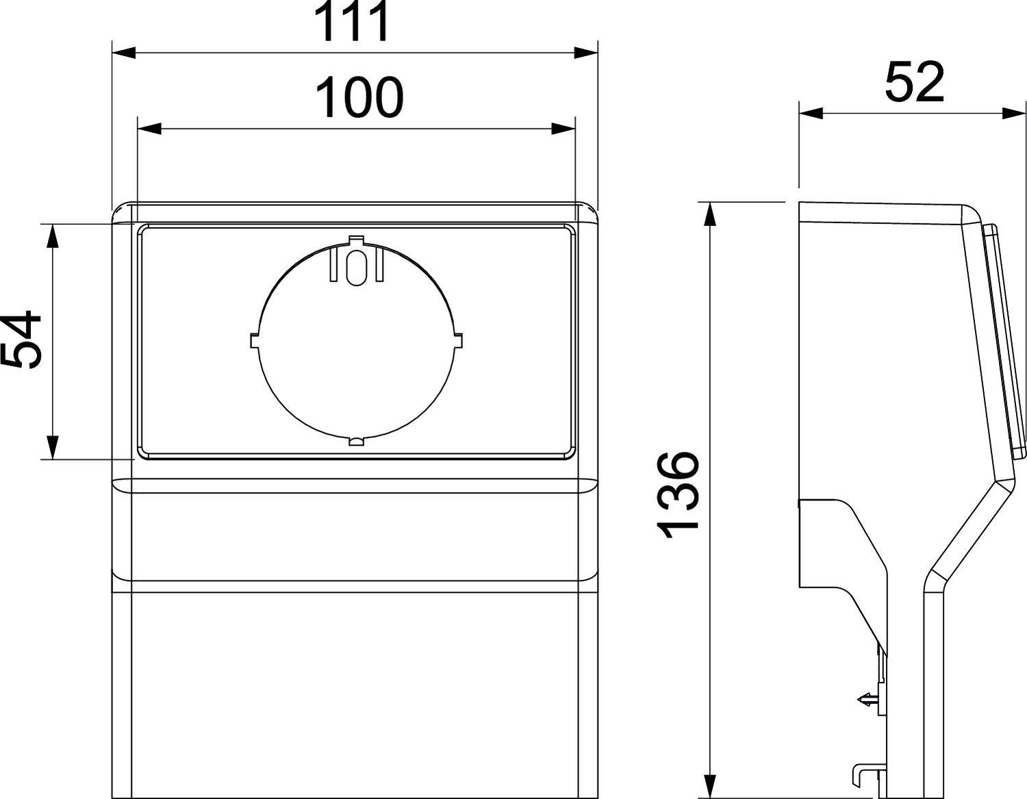 Technický výkres obdélníkového zařízení s rozměry: šířka 111, výška 136, hloubka 52 mm. Pohled zepředu ukazuje vyznačený střed.