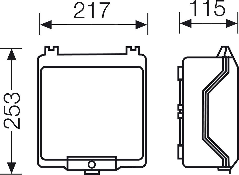 Technický výkres obdélníkového zařízení s rozměry: šířka 217 mm, hloubka 115 mm, výška 253 mm. Boční pohled zobrazuje detaily.
