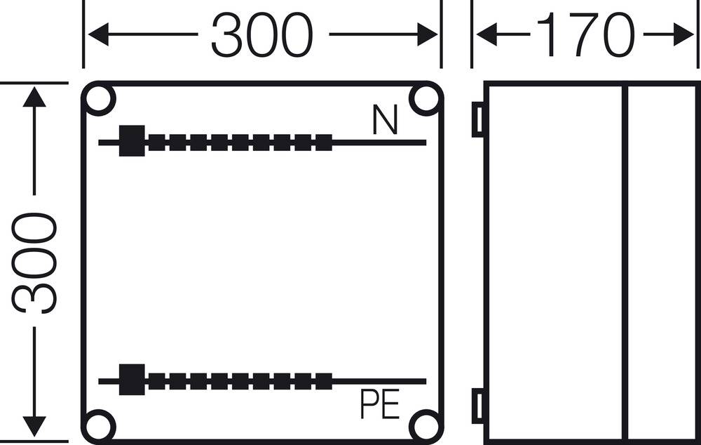 Technický výkres obdélníkové krabice s rozměry: 300 mm x 300 mm x 170 mm. Značení pro 'N' a 'PE'.