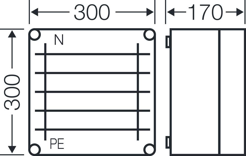 Výkres zobrazuje obdélníkové elektrické připojovací pole o rozměrech 300x300 mm, s přípoji pro N a PE, včetně bokorysného pohledu.