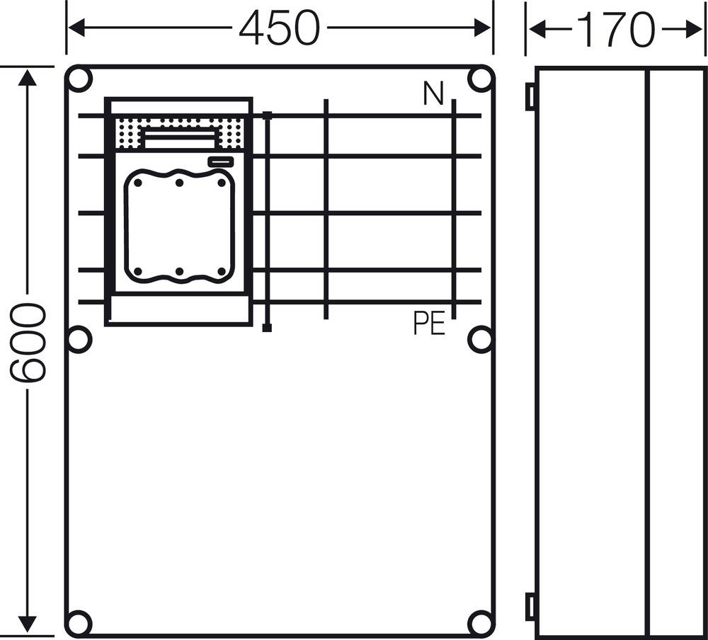 Technický výkres obdélníkového pouzdra, rozměry 450 mm x 170 mm x 600 mm, s vyznačenými polohami pro neutrální vodič (N) a uzemnění (PE).
