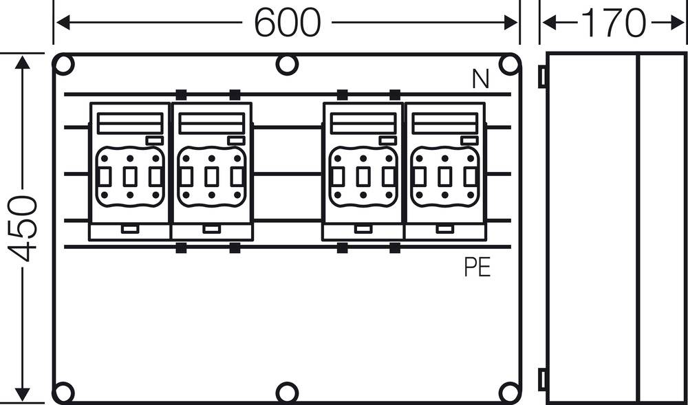 Obrázek elektrické rozvodné skříně se třemi spínači. Rozměry: 600 mm x 450 mm x 170 mm. Značení pro N a PE viditelné.