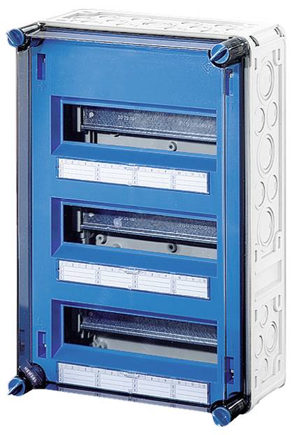 Prázdný modrý plastový rozvaděč s několika sekcemi, vhodný pro instalaci elektrických komponentů.