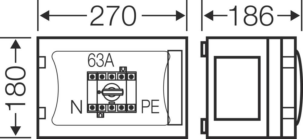 Technický výkres spínače s rozměry 270x186 mm a výškou 180 mm. Jsou viditelné značky pro 63A, N a PE.