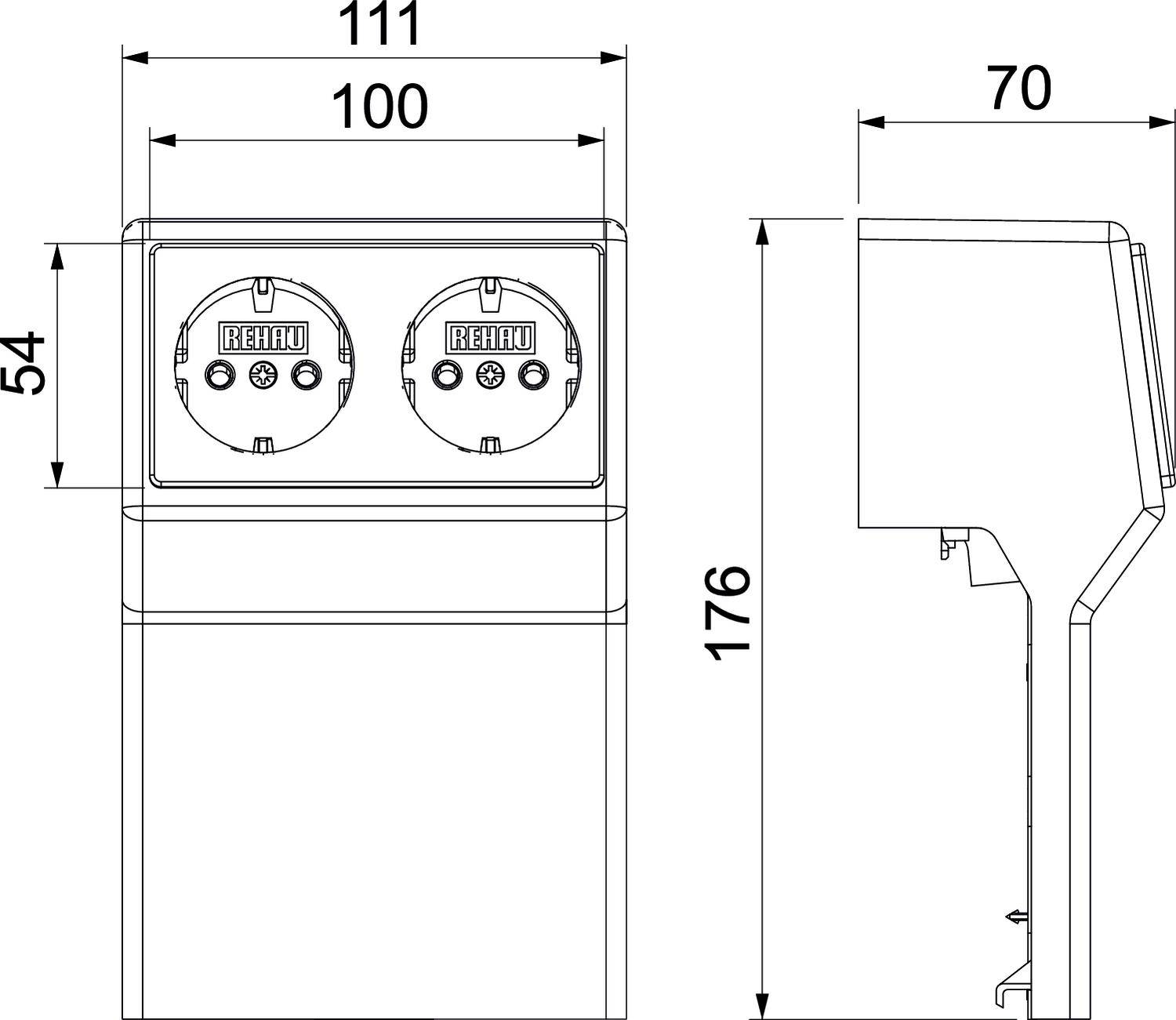 Technický výkres dvojité zásuvky s rozměry: šířka 111 mm, výška 176 mm, hloubka 70 mm.