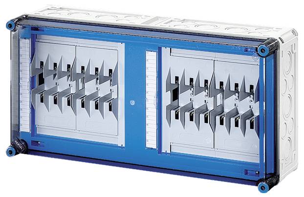 Otevřený modrý elektrorozvaděč s kovovými svorkami a plastovými separátory pro průmyslové zapojení.