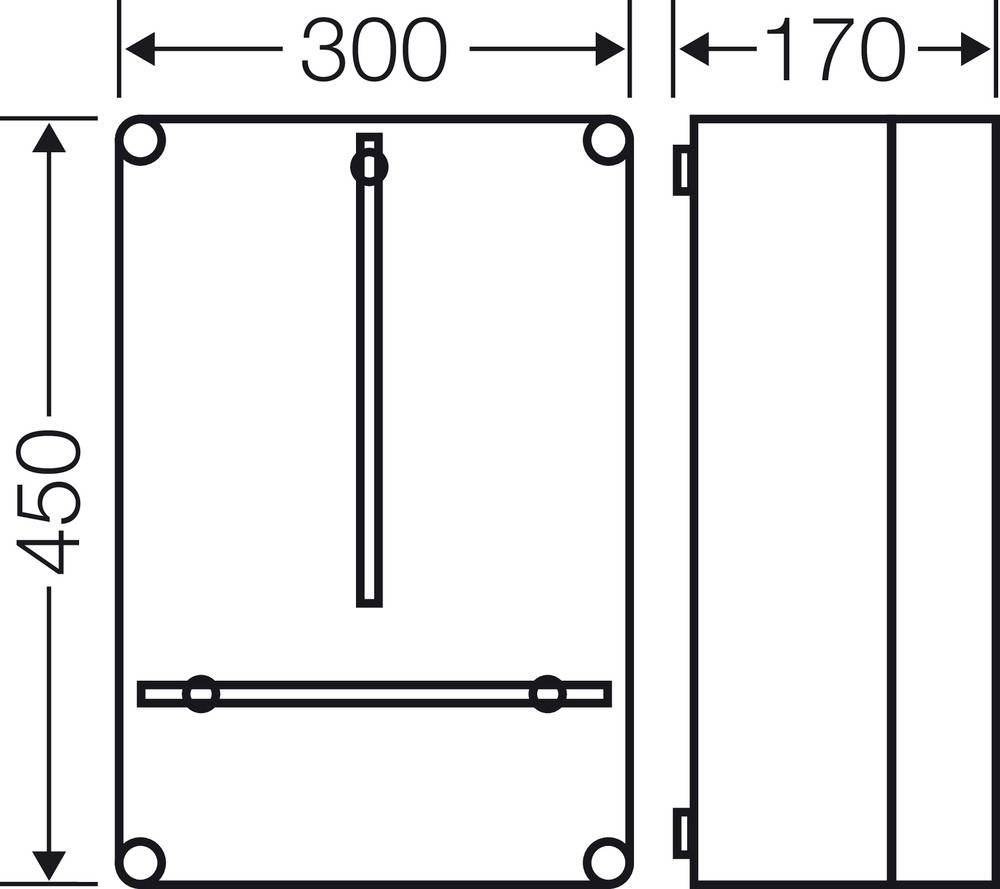 Technický výkres obdélníkové krabice s rozměry: 300 mm šířka, 450 mm výška, 170 mm hloubka. Zobrazuje přední a boční pohled.
