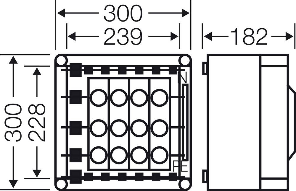 Technický výkres obdélníkového pouzdra s rozměry: 300 mm x 300 mm x 182 mm. Viditelné detaily vnitřní struktury.