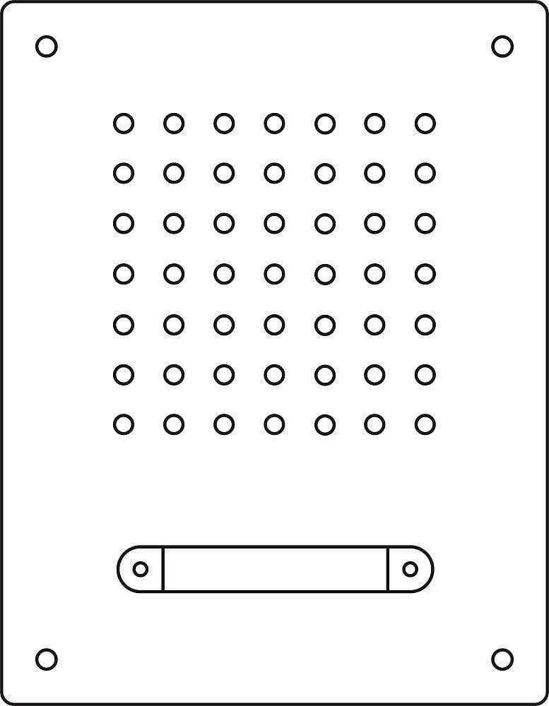 Jednoduchý obdélníkový diagram s mřížkou malých otvorů a horizontálním držadlem v dolní části.