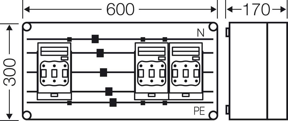 Technický výkres nástěnného rozvaděče s rozměry 600x300x170 mm. Zobrazuje vnitřní uspořádání se dvěma zásuvkami a elektrickými komponenty.